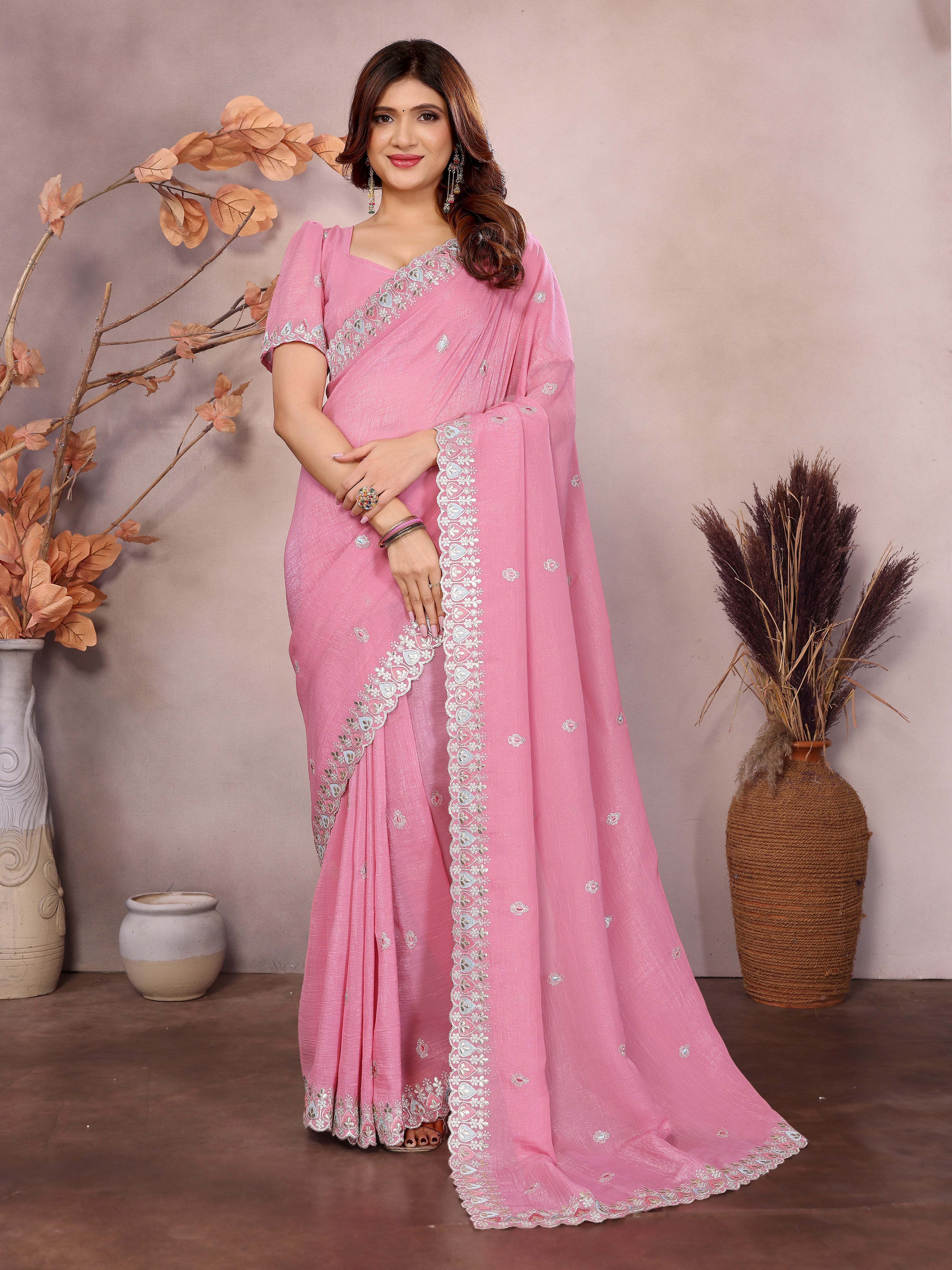 Pink Barbarick Silk Cutwork Saree For Women