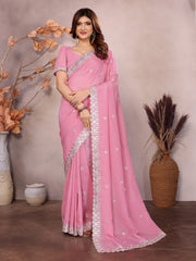 Pink Barbarick Silk Cutwork Saree For Women