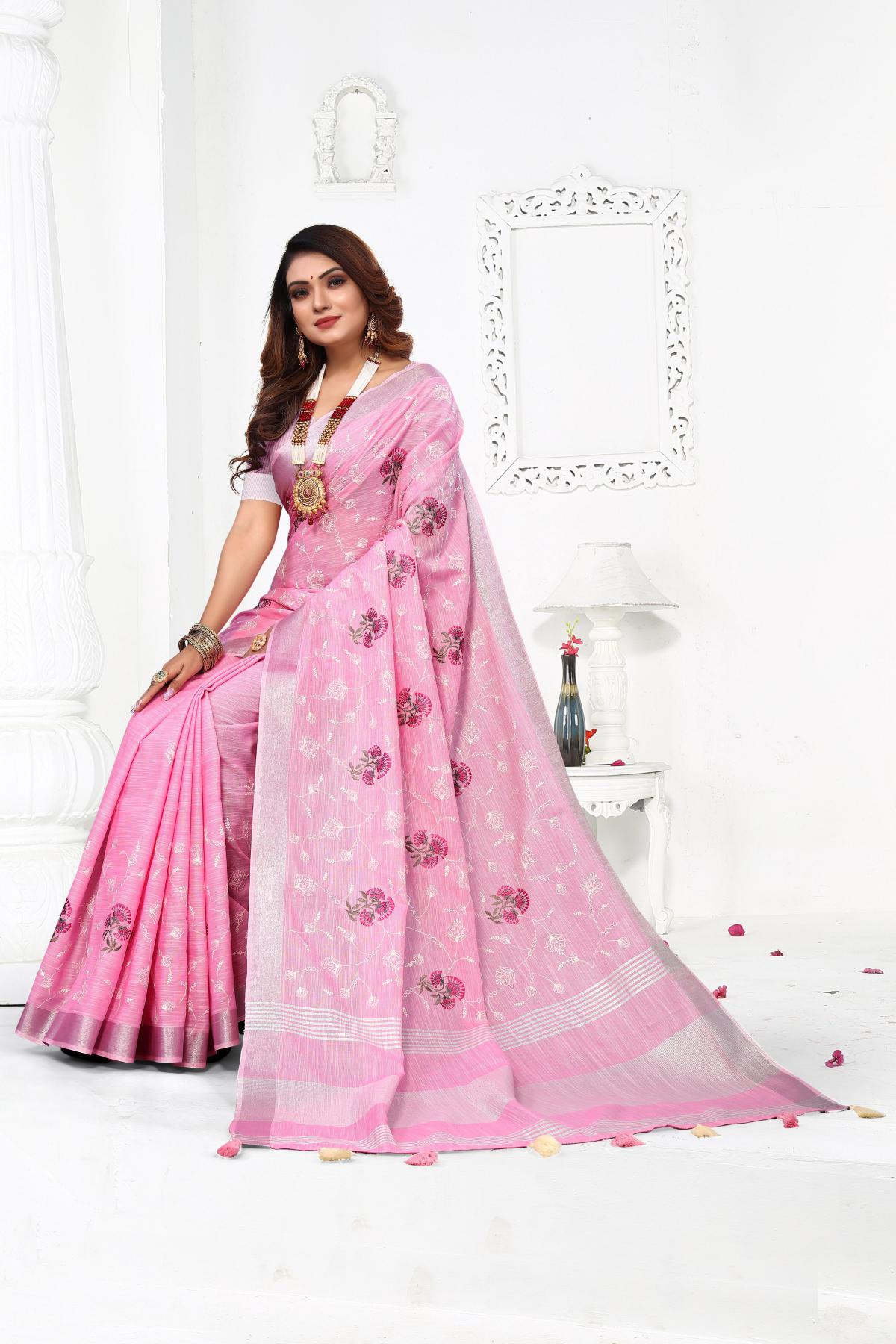 Pink Cotton Linen Embroidered Saree Online