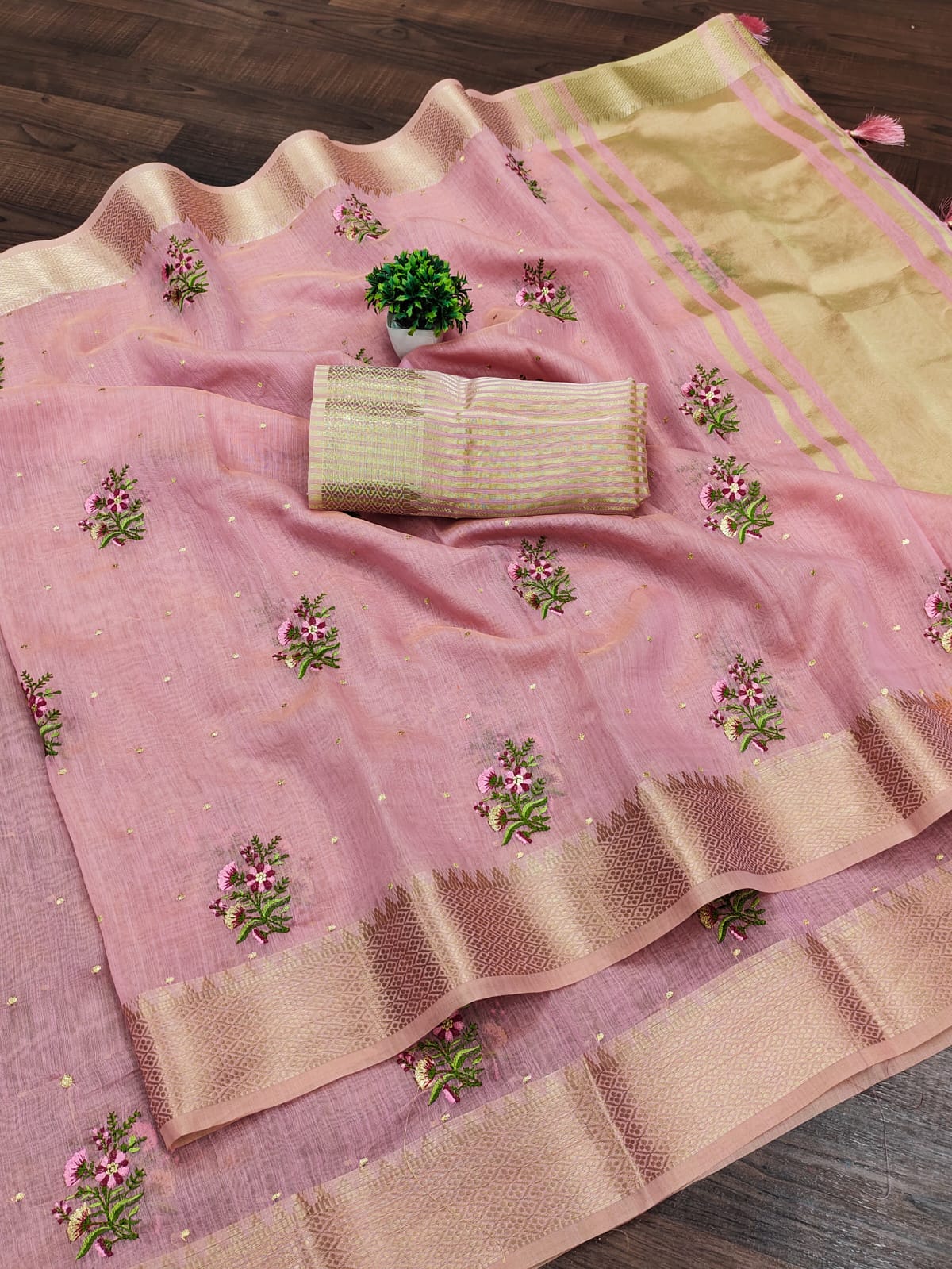Pink Cotton Silk Eith Floral Embroidery Saree