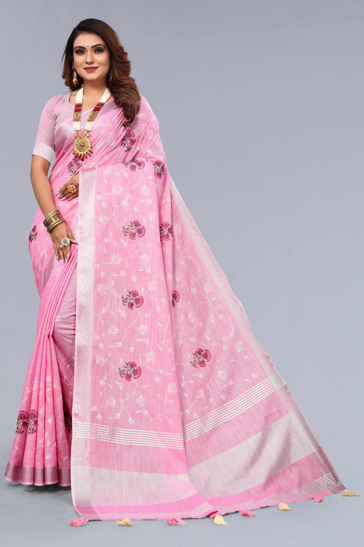 Pink Linen Cotton Saree with Embroidery