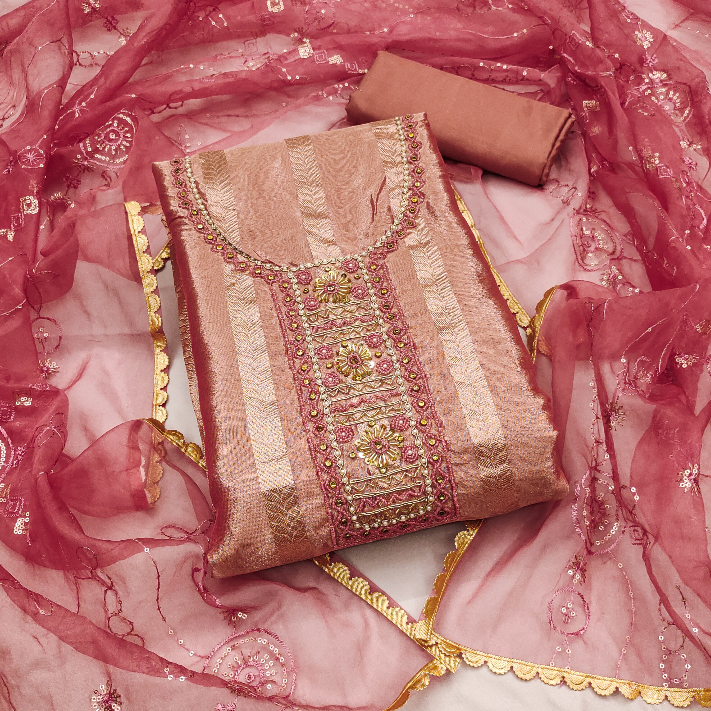 Pink Organza Handwork Unstitched Suit For Festival