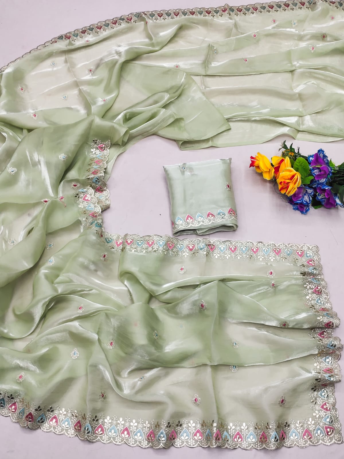 Pista Gren Barbarik Cutwork Silk Saree