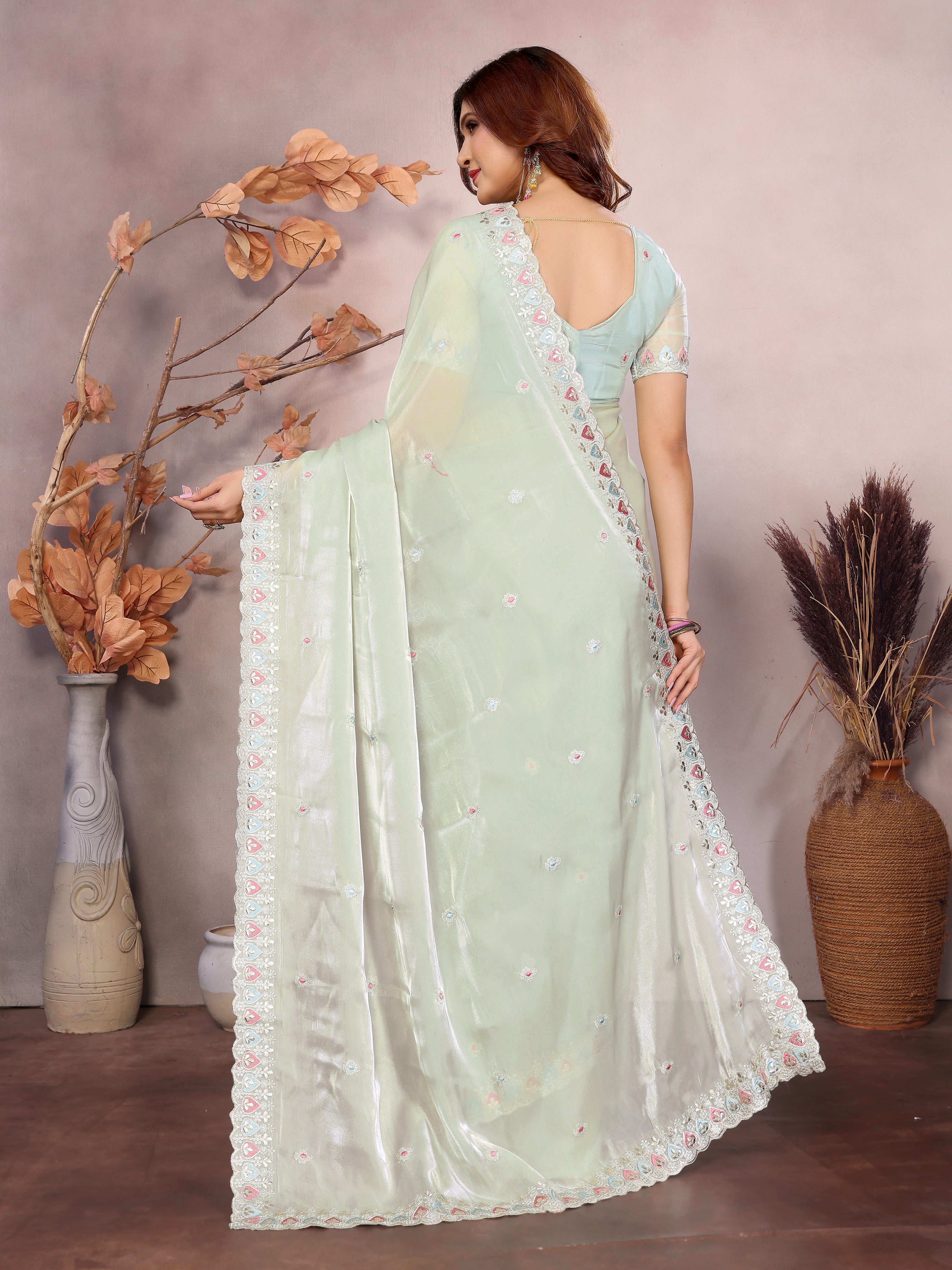 Pista Green Barbarick Silk Saree For Wedding