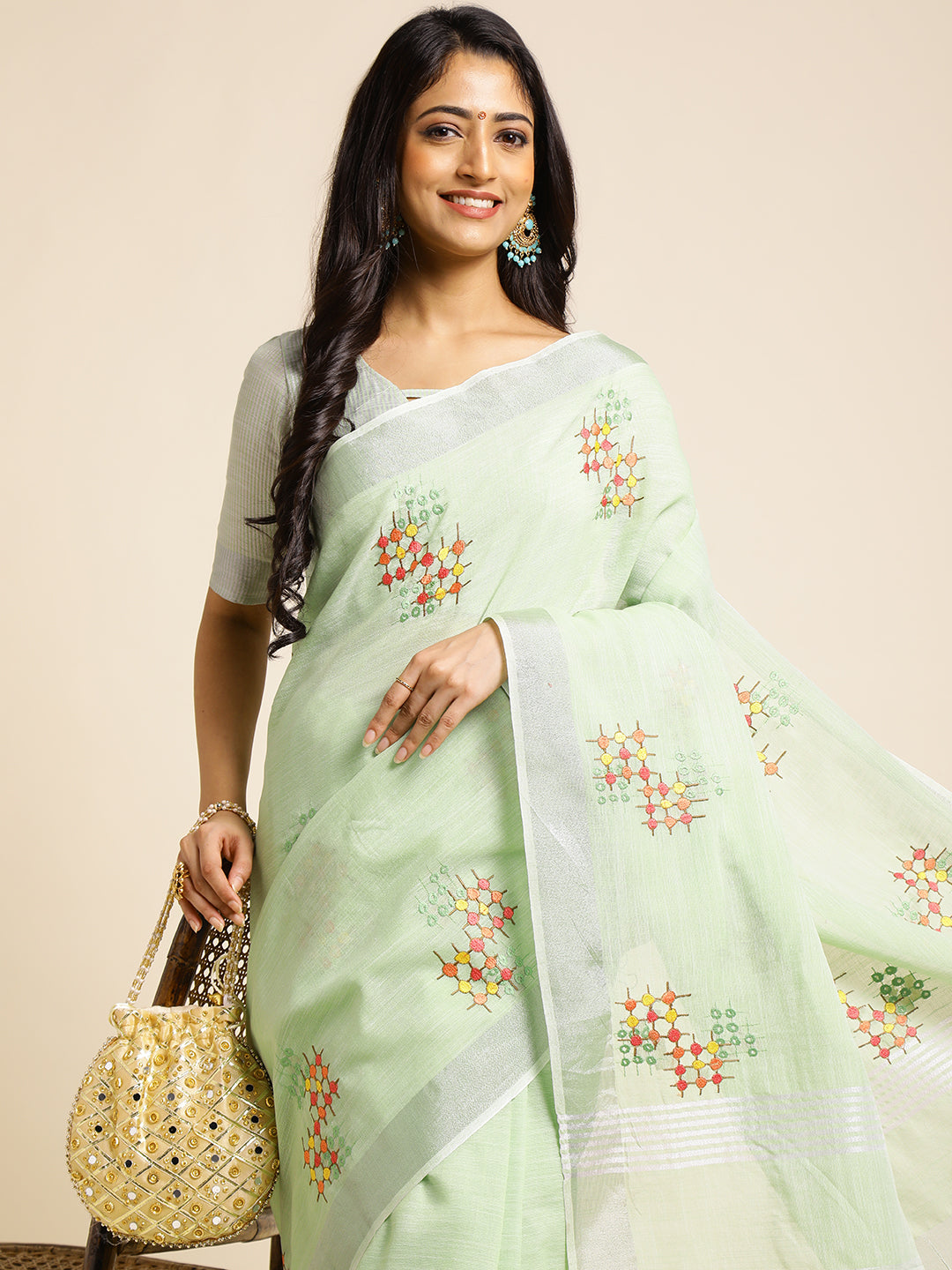 Pista Green LInen Cotton Embroidery Saree