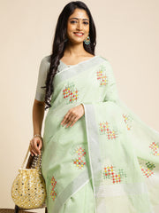 Pista Green LInen Cotton Embroidery Saree