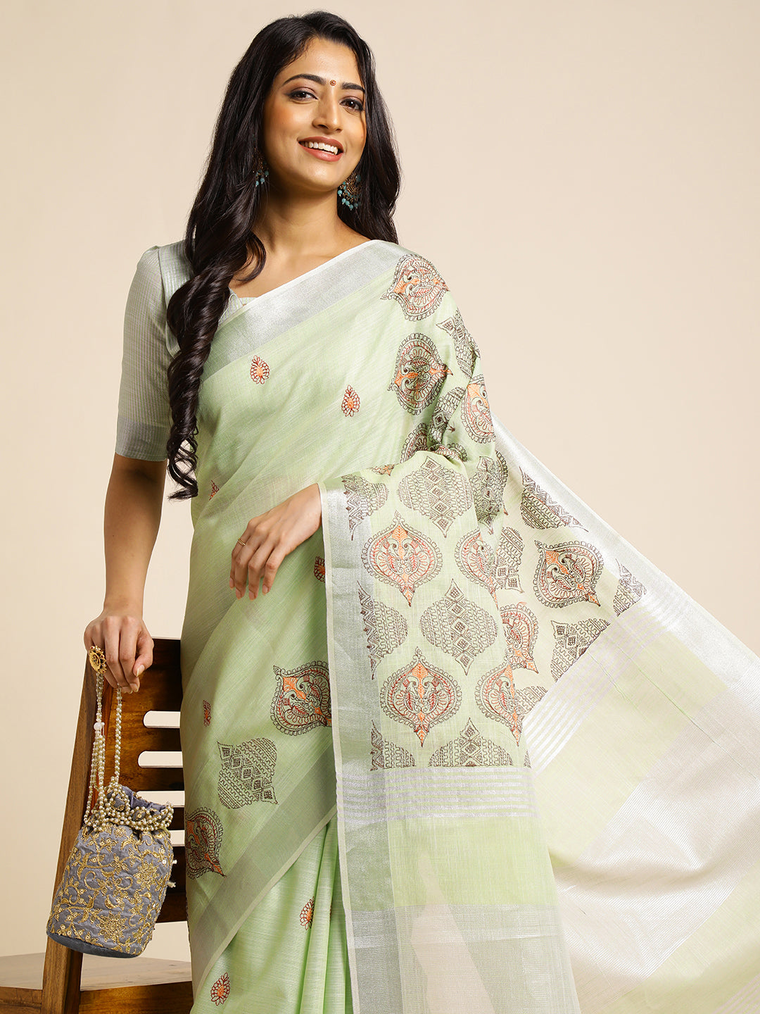 Pista Green Linen Cotton Embroidered Saree