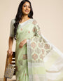 Pista Green Linen Cotton Embroidery Saree