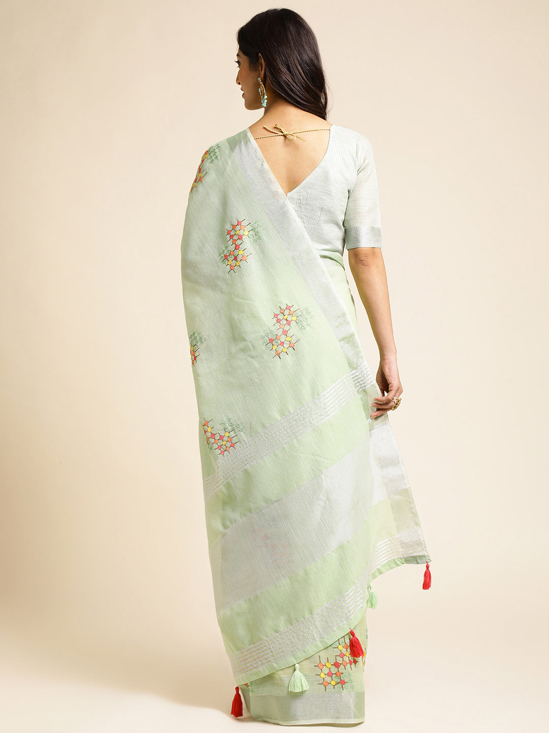 Pista Green Linen Cotton Saree With Back Side Look