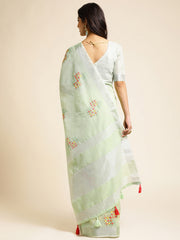 Pista Green Linen Cotton Saree With Back Side Look