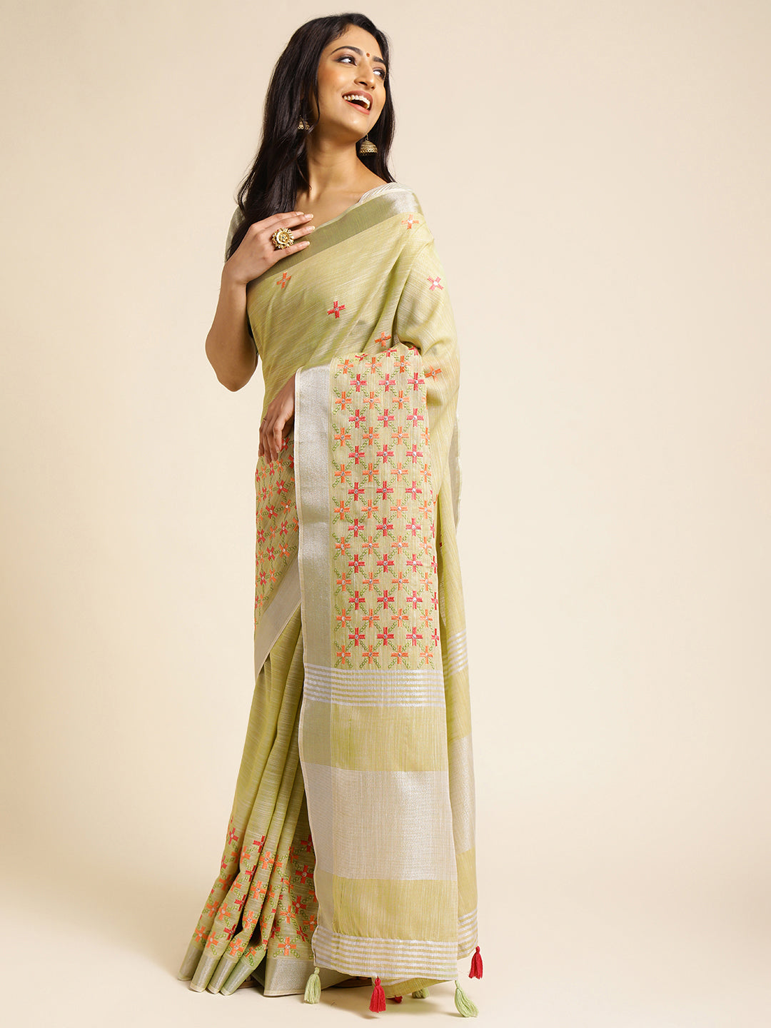 Pista Green Linen Embroidery Saree With Floral Work