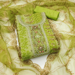 Pista Green Viscose Floral Position work Unstitched Suit Online