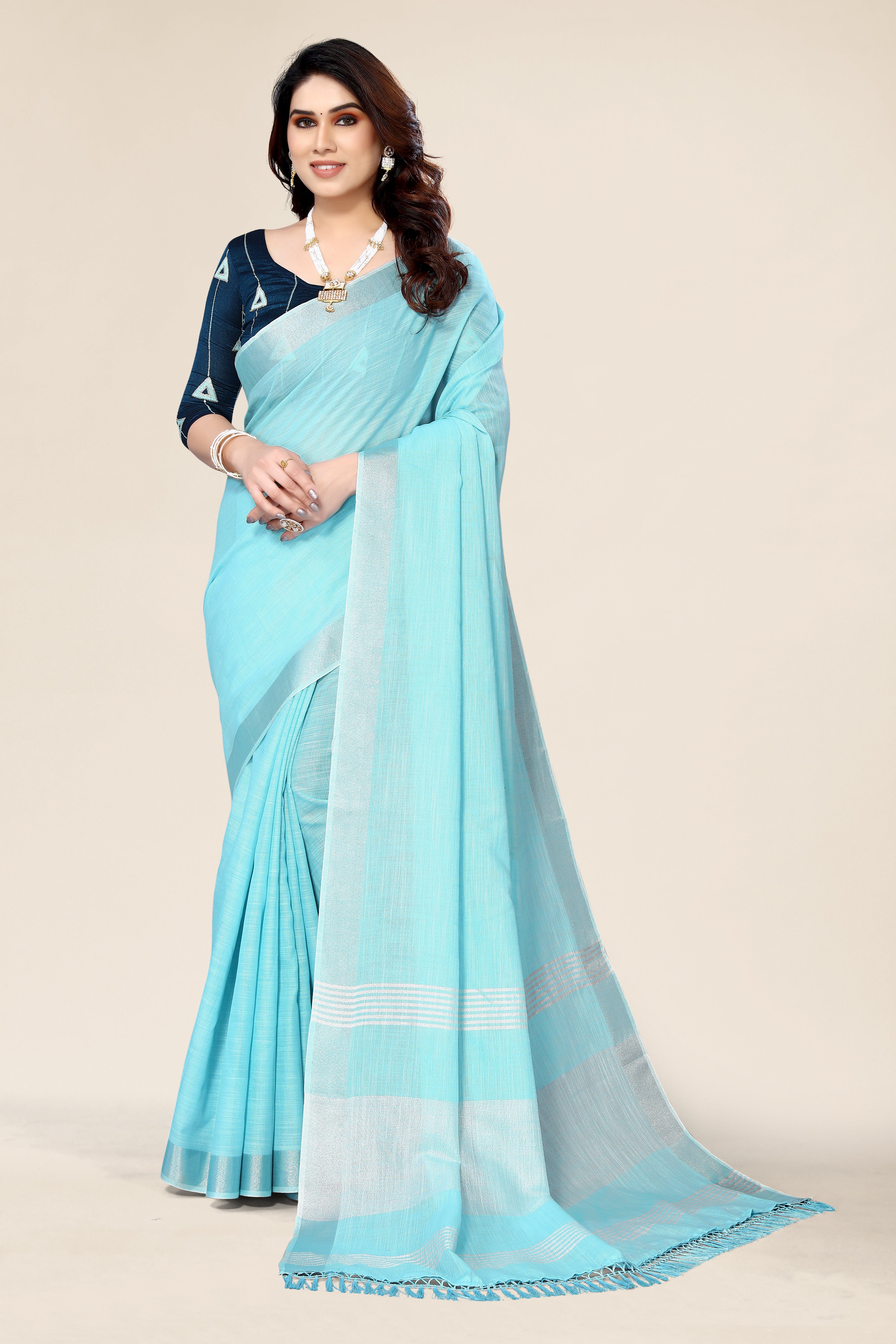 Plain Blue Linen Saree with Embroidered Work