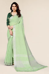 Plain Light Green  Linen Saree with Embroidered blouse