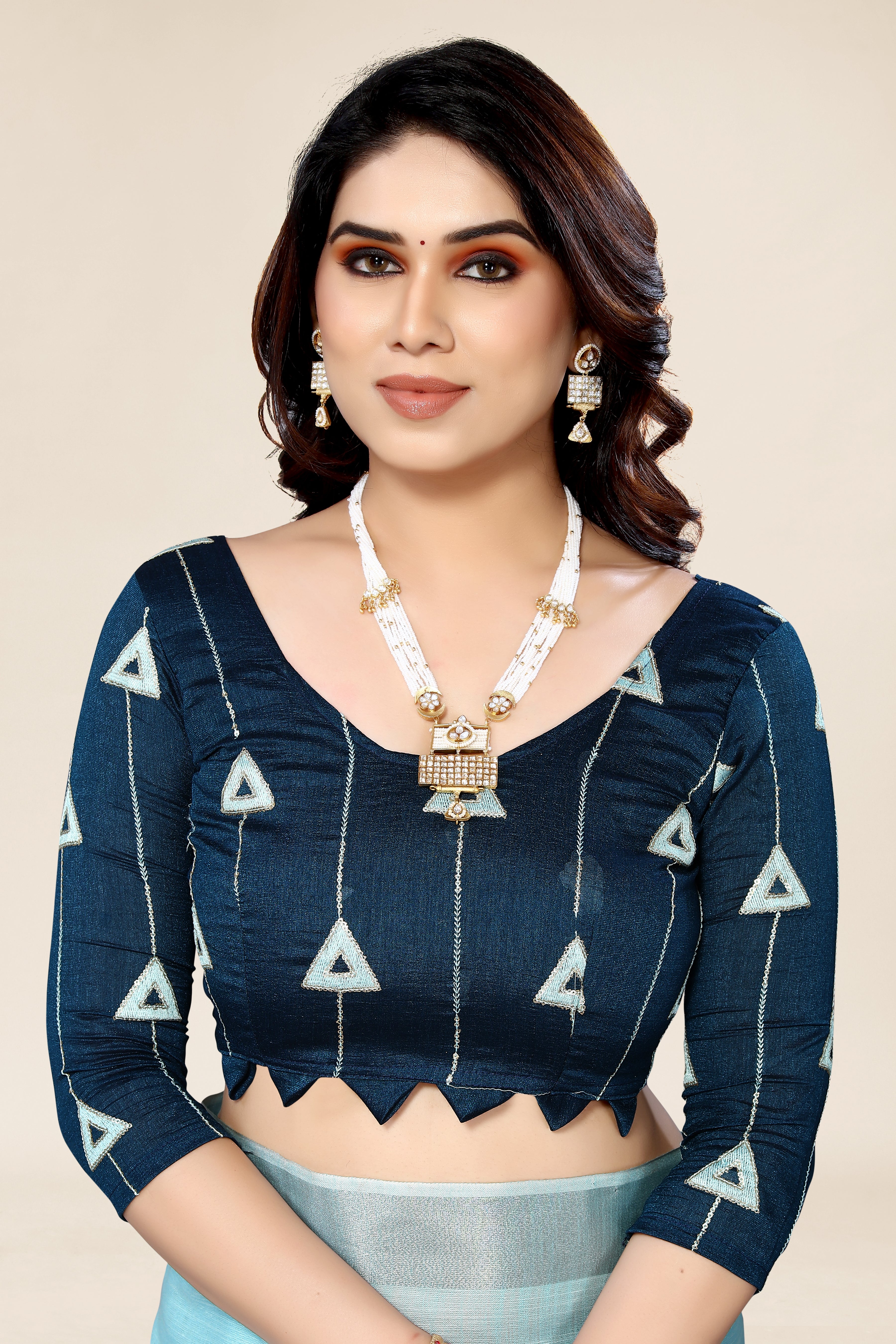 Plain blue linen saree with dark blue blouse