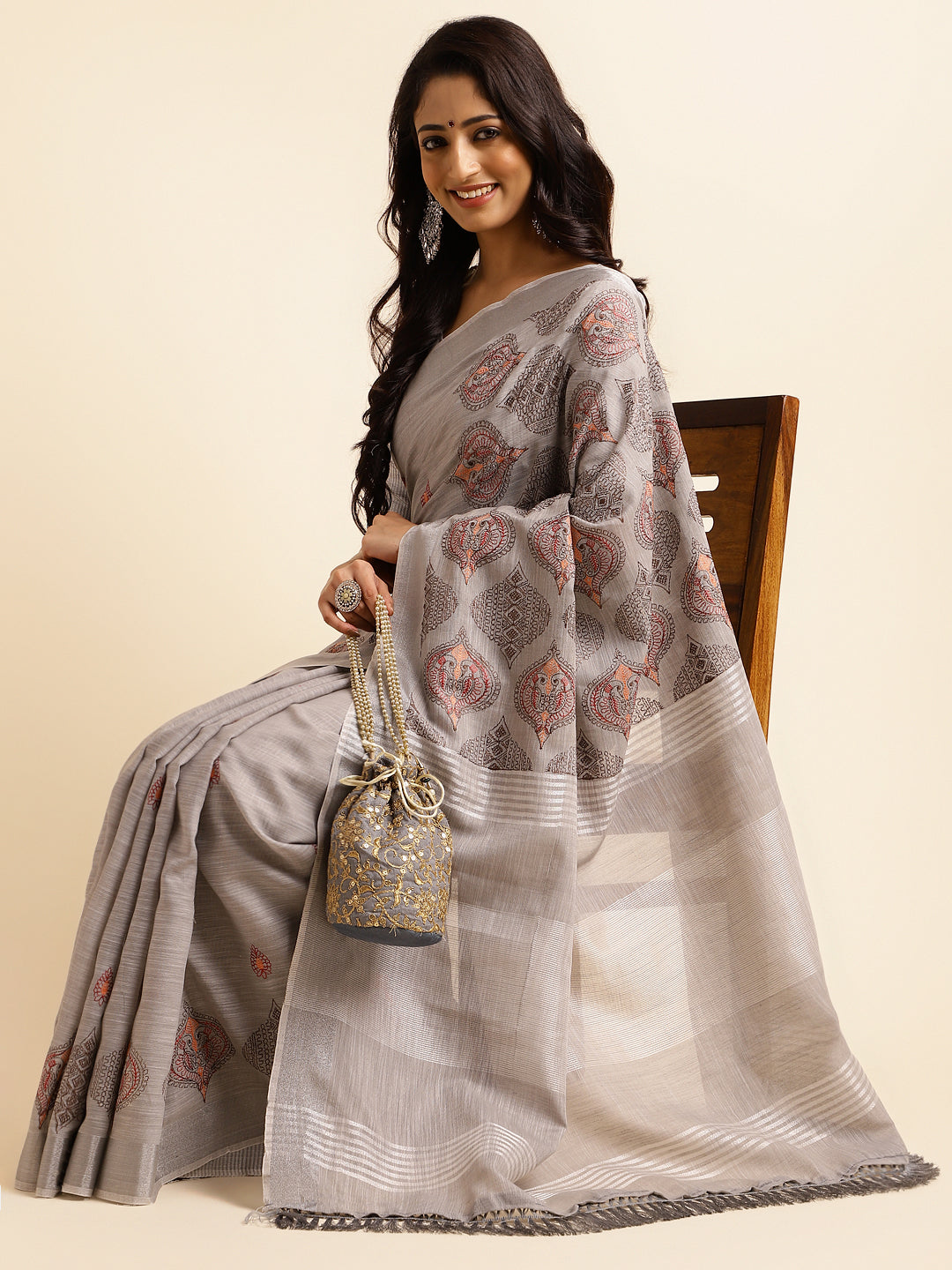 Platinum grey linen cotton saree with embroidery