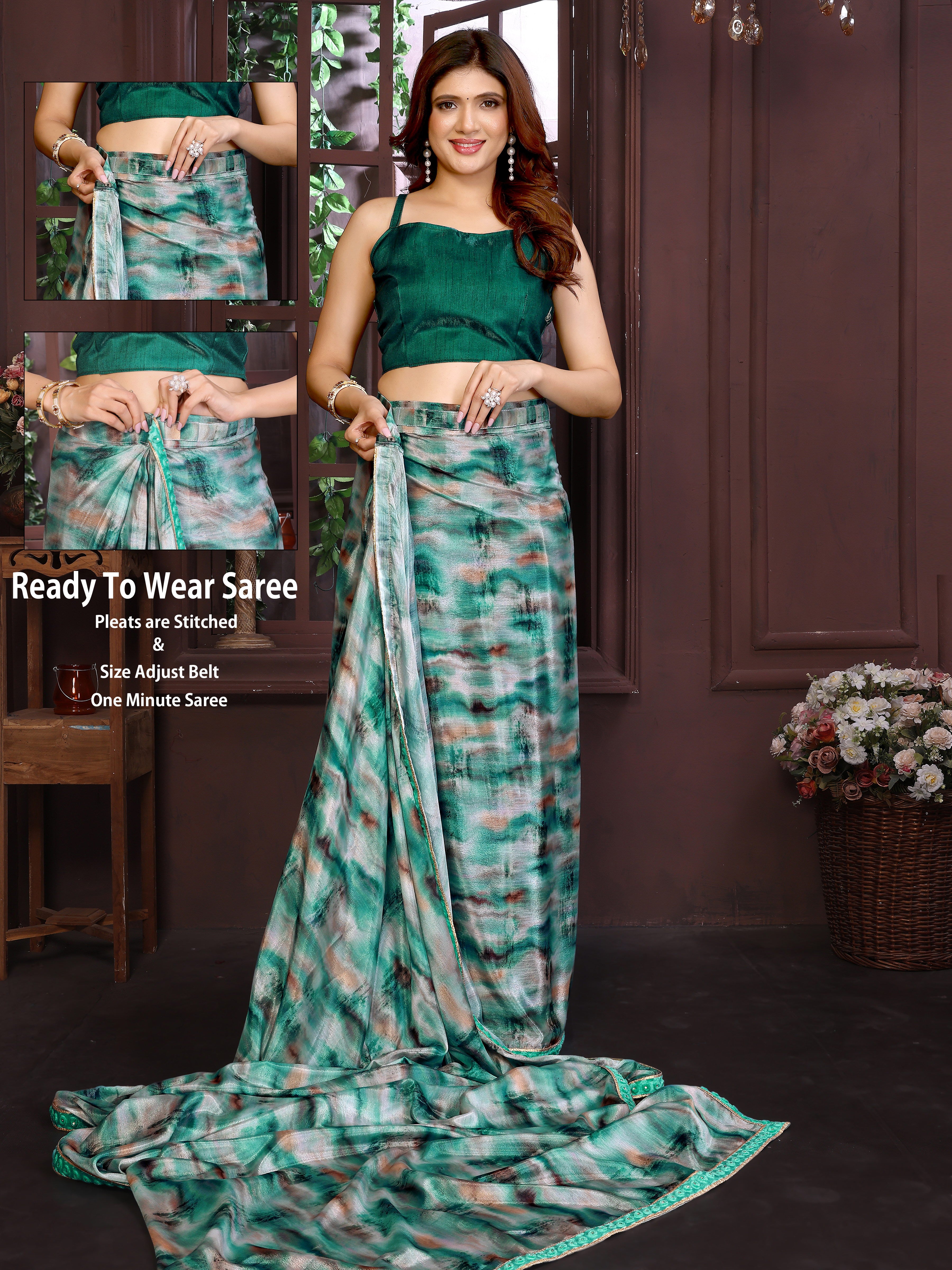 Pre-stitched Ready to wear saree in green color 