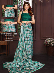 Pre-stitched Ready to wear saree in green color 