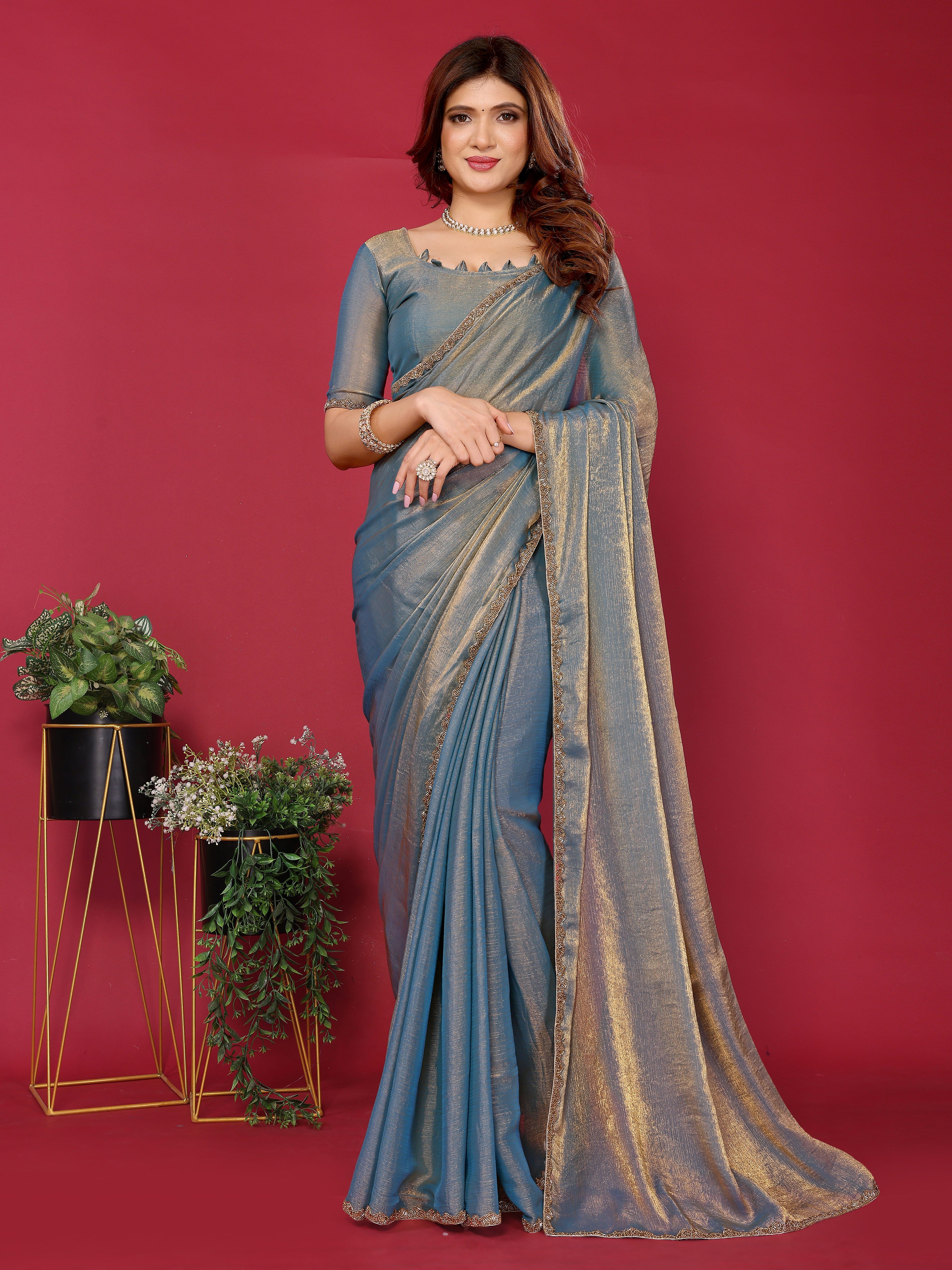Blue Satin Silk Handwork Work For Diwali Saree Look