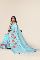 Pure Blue cotton silk saree with embroidered Gold Zari Pallu