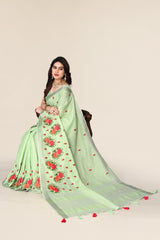 Pure Green cotton silk saree with embroidered Gold Zari Pallu