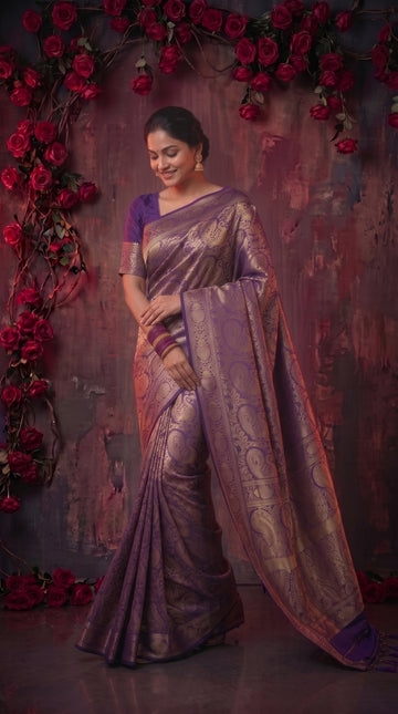 Purple Banarasi Silk Saree With Peacock Zari Work