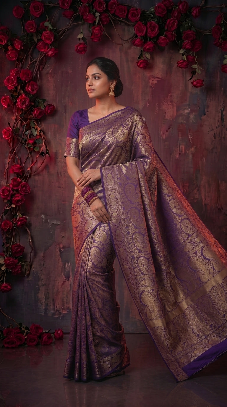 Purple Banarasi Silk Saree With Peacock Zari Work