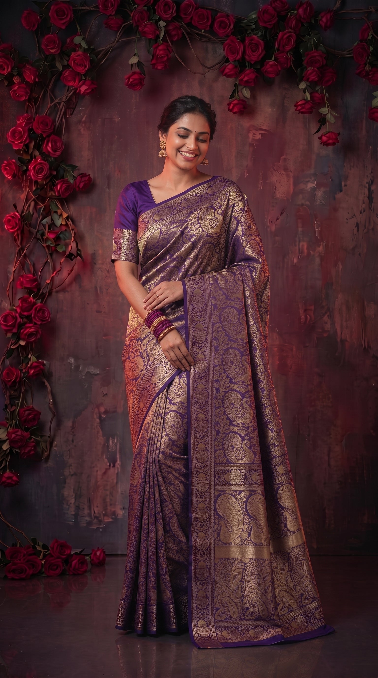 Purple Banarasi Silk Saree With Peacock Zari Work