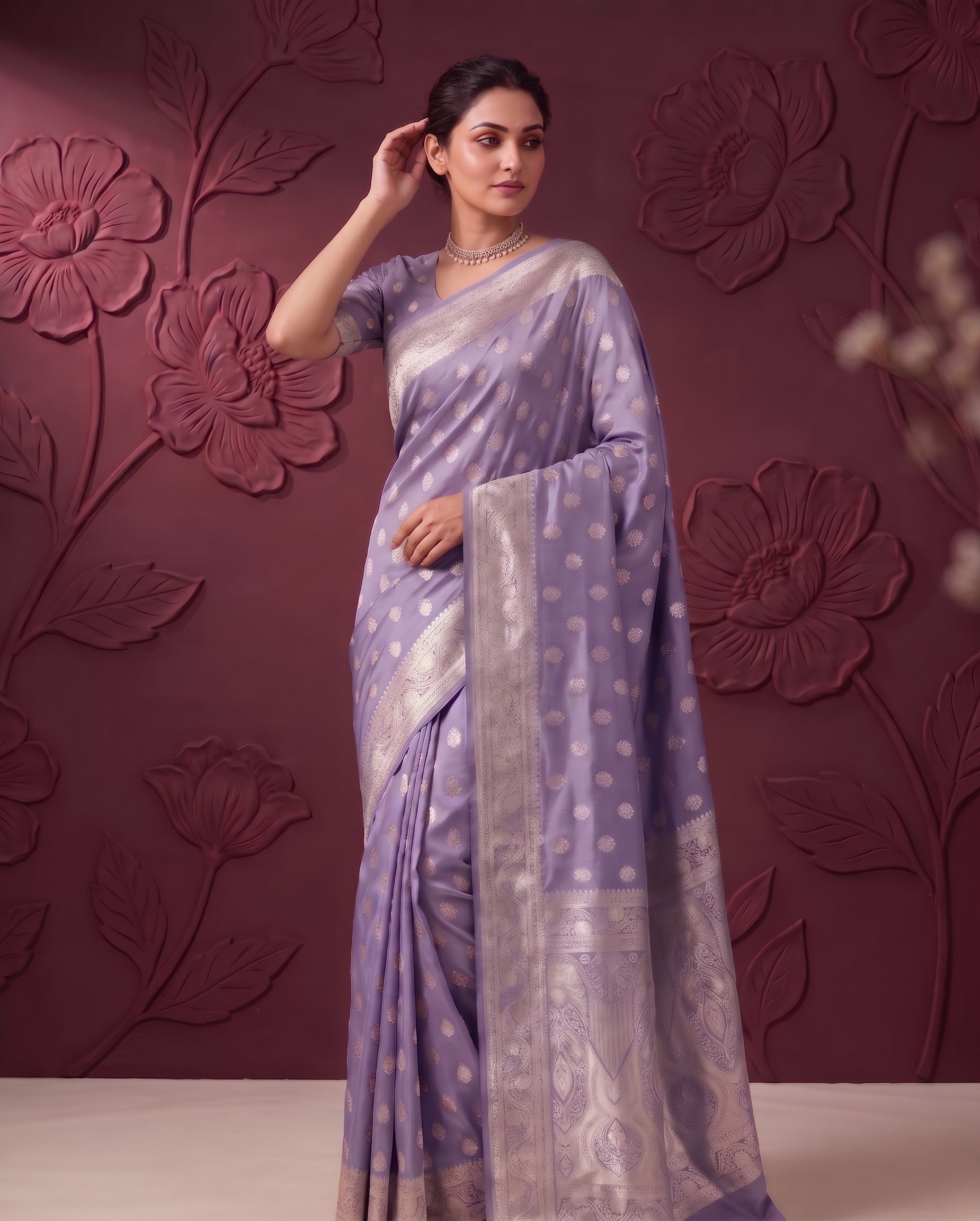 Lavender Satin Silk Banarasi Weaving Saree