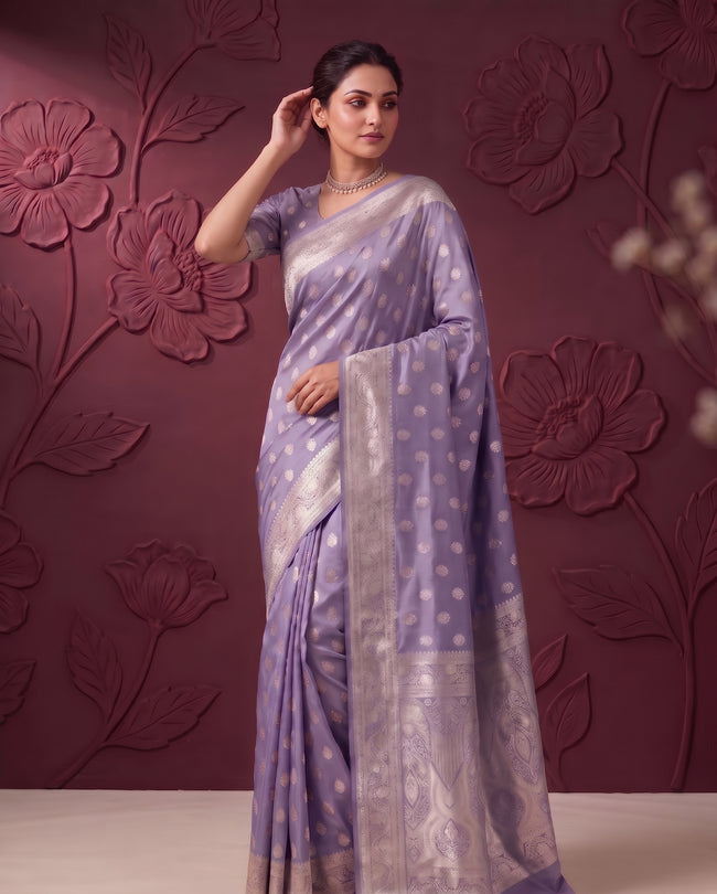 Lavender Satin Silk Banarasi Weaving Saree