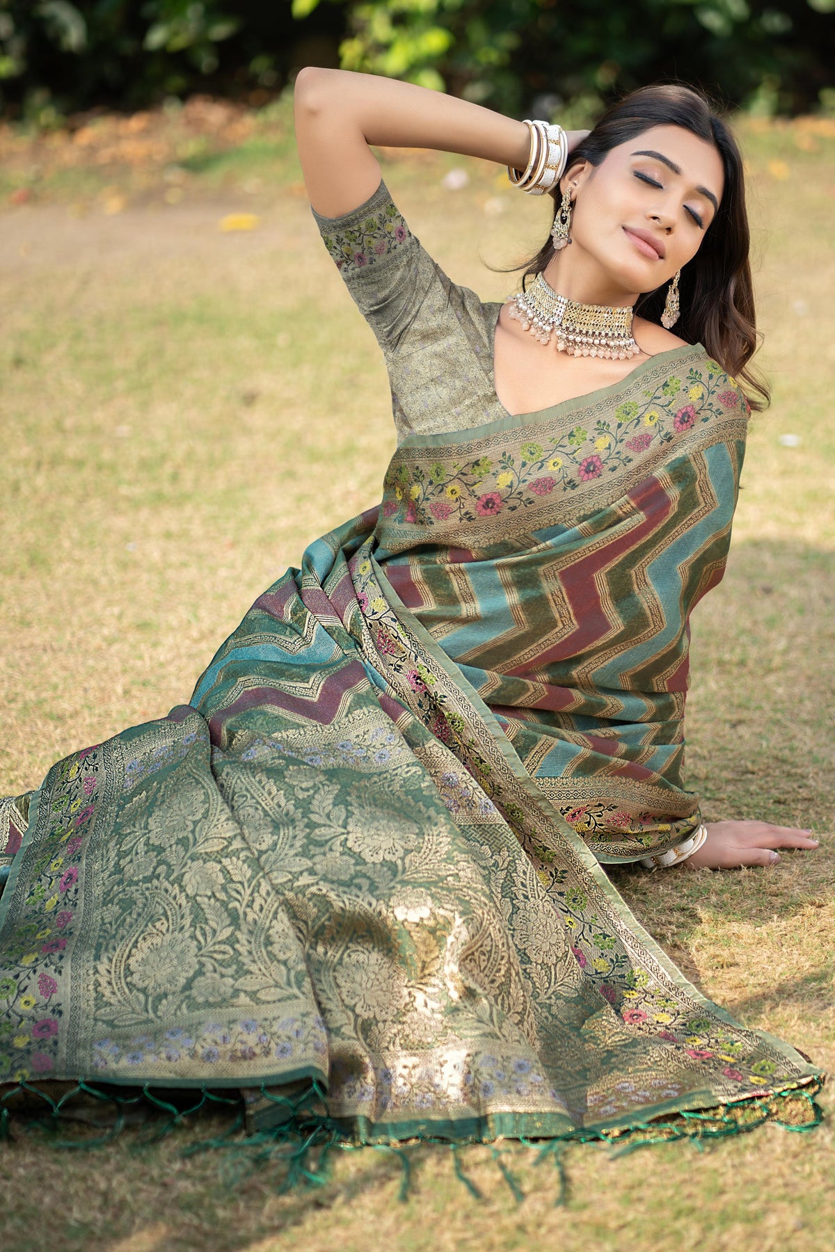 Green organza zari woven leheriya saree For Navratri Nights