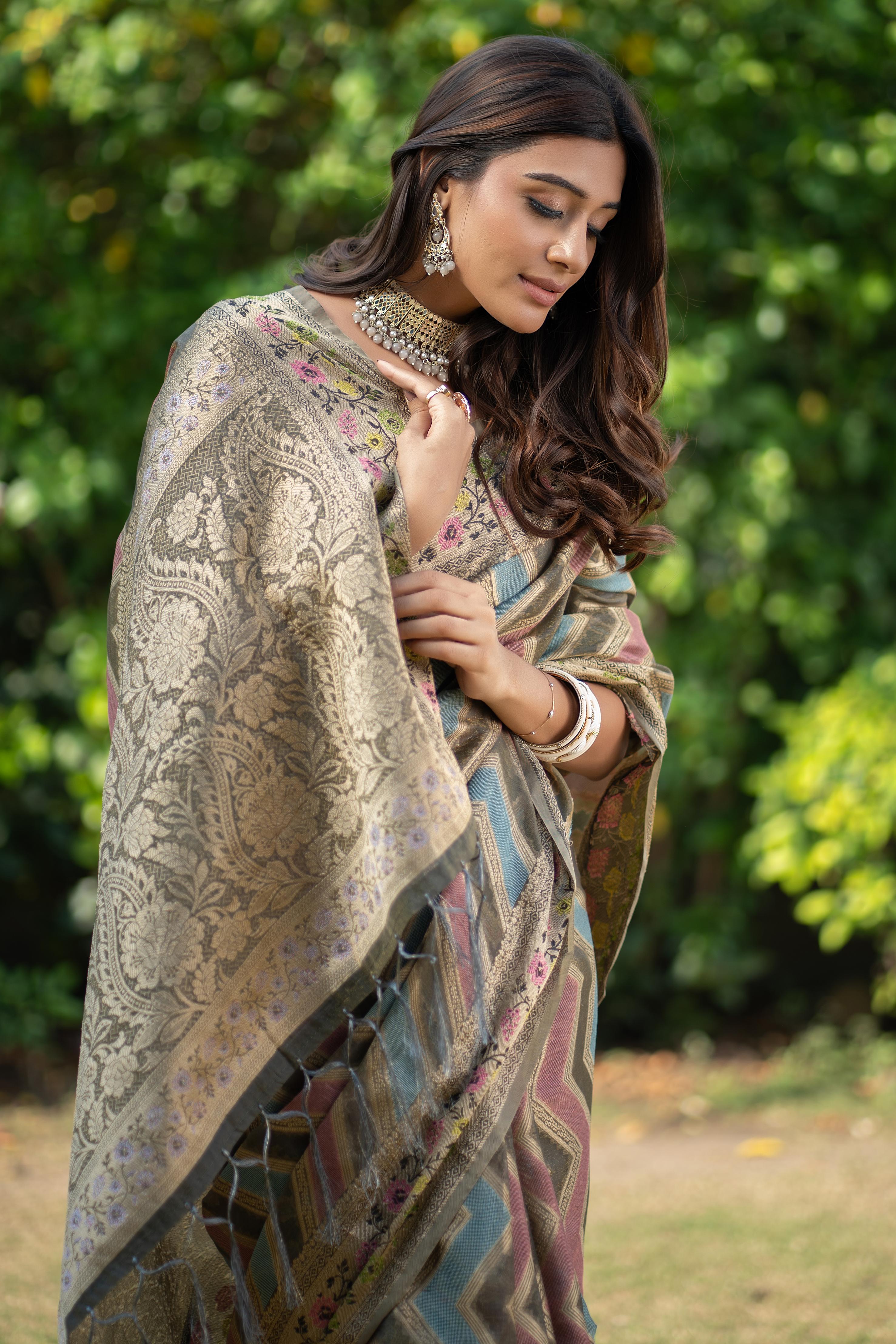 Dark Grey organza zari woven lehriya saree