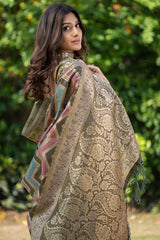 Bottle Grey Organza Zari Woven Lehriya Saree