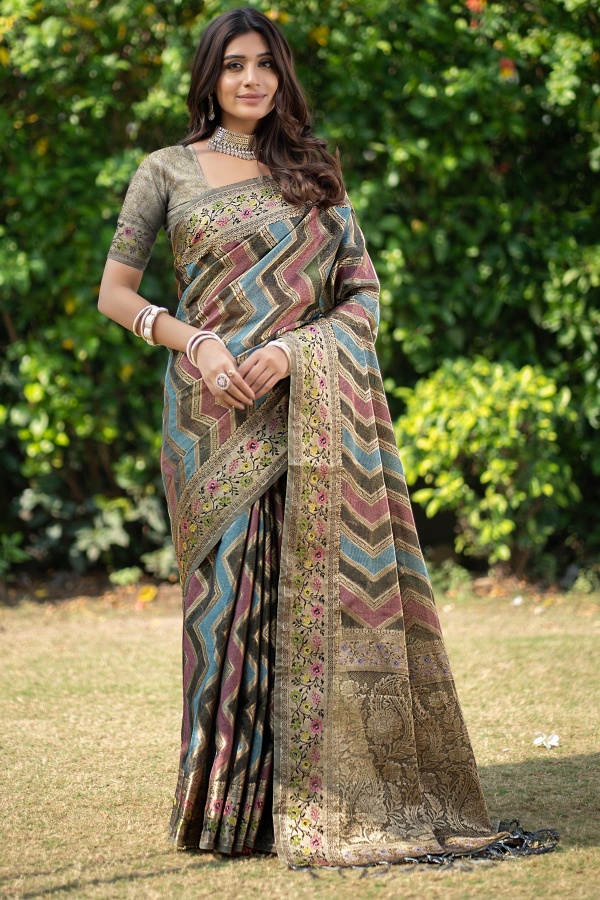 Dark Grey organza zari woven lehriya saree