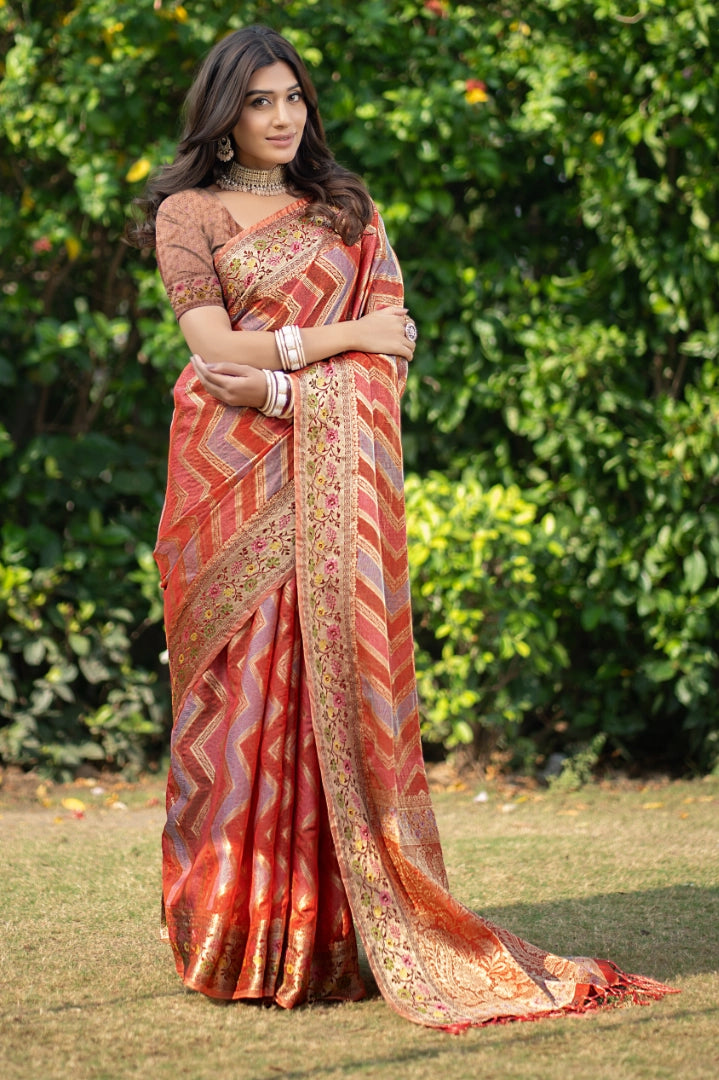 Orange Organza Zari Woven Lehriya Saree