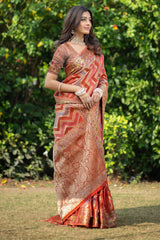 Orange organza zari woven lehriya saree