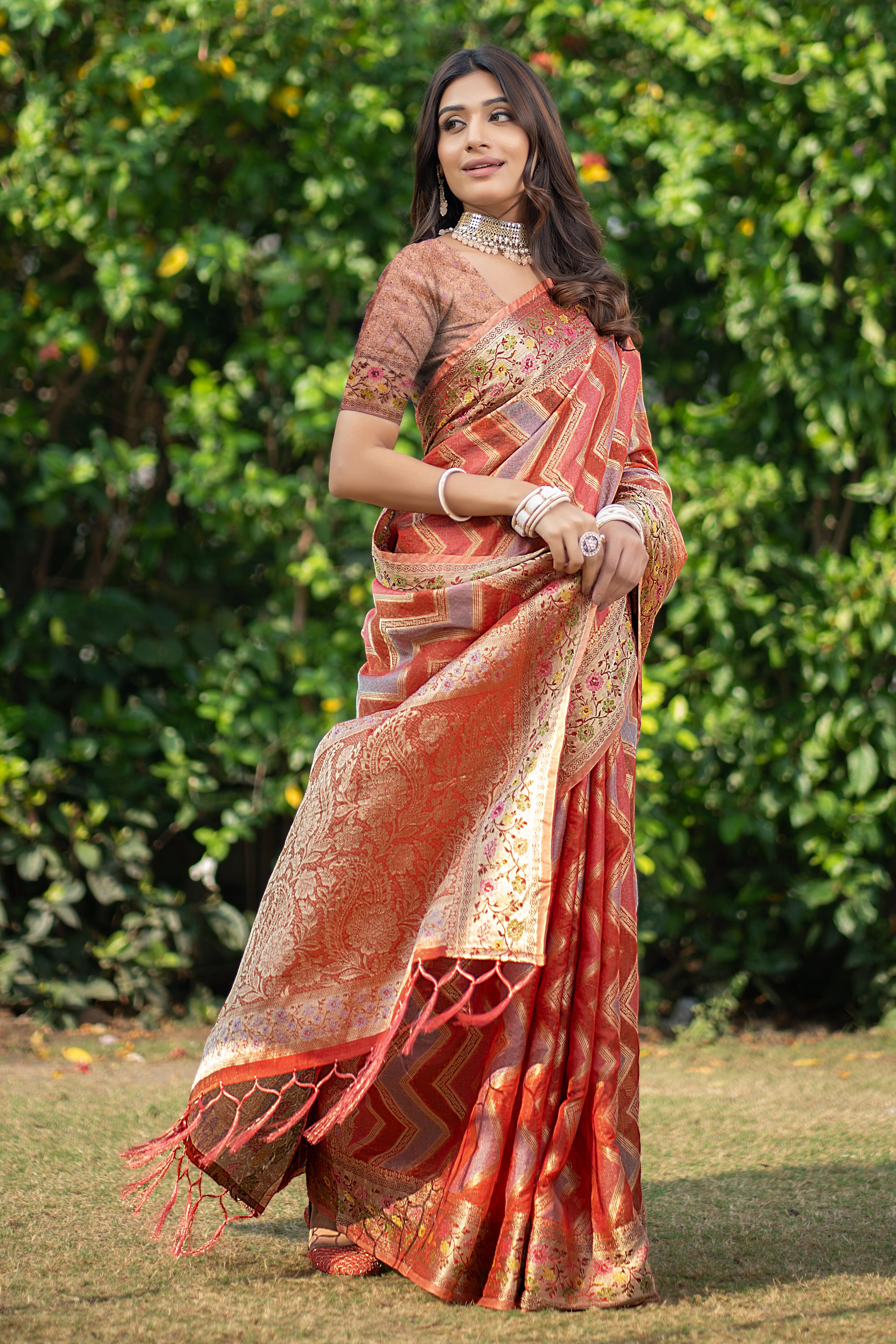 Orange organza zari woven lehriya saree