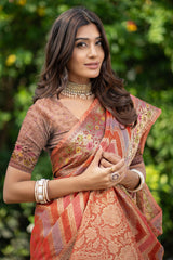 Orange Organza Saree with zari work For Navratri Pooja