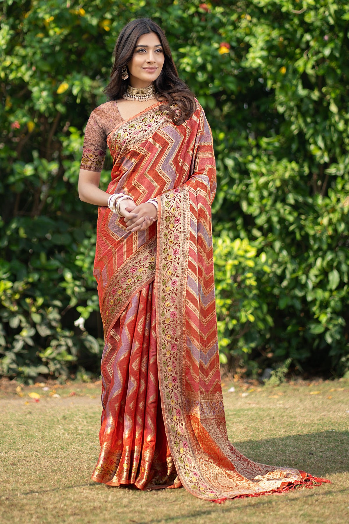 Orange organza zari woven lehriya saree