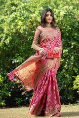 Pink Organza Zari Woven Lehriya Saree