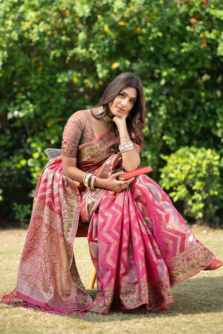 Pink Organza Zari Woven Lehriya Saree
