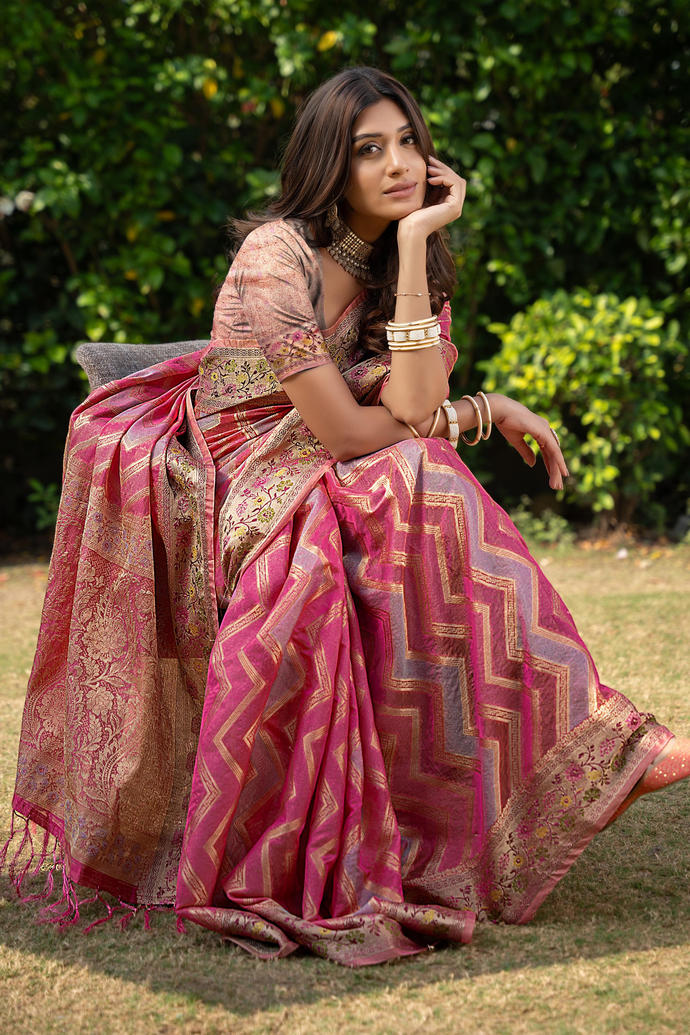 Pink organza zari woven lehriya saree