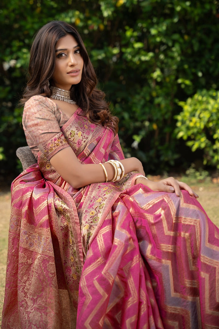 Pink Organza Zari Woven Lehriya Saree