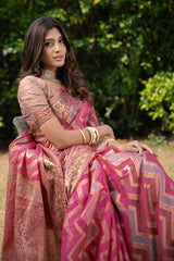 Pink Organza Zari Woven Lehriya Saree