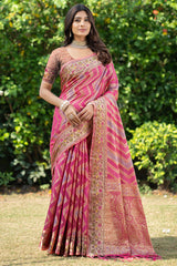 Pink organza zari woven lehriya saree