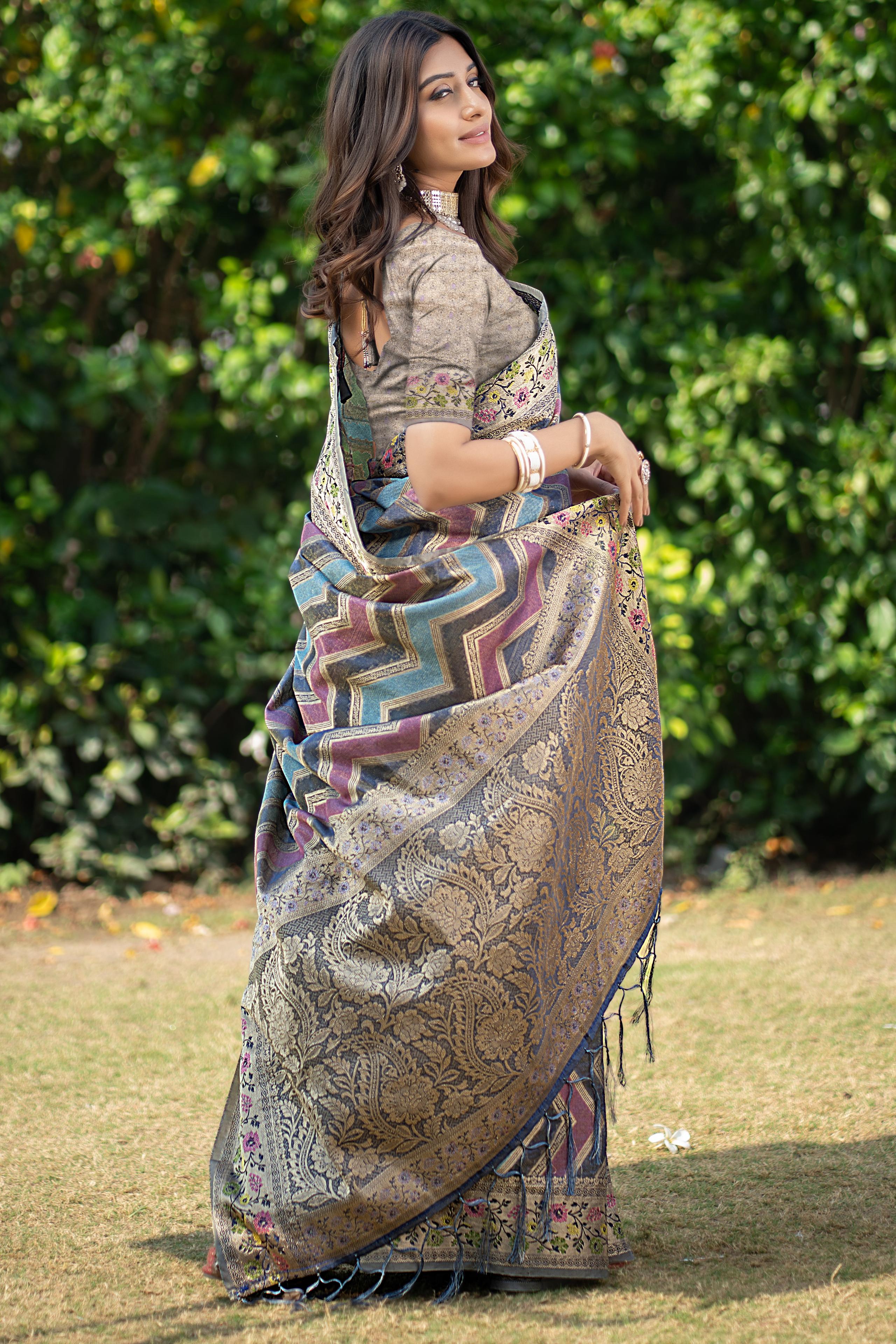 Rama organza zari woven lehriya saree