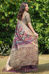 Wine organza zari woven lehriya saree