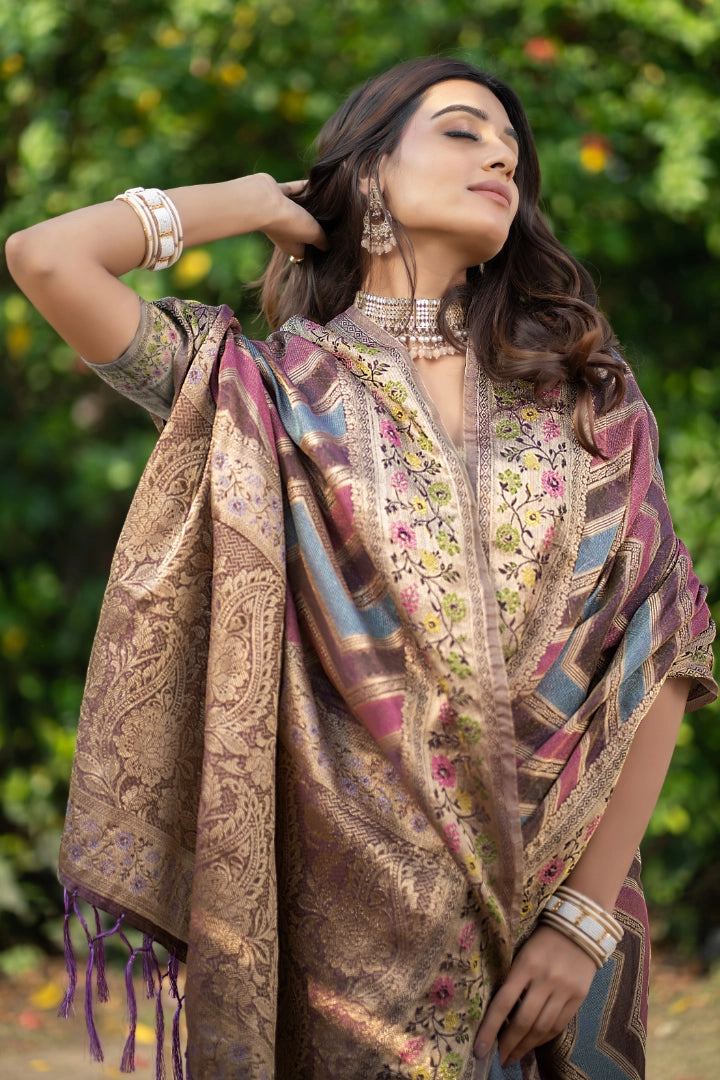Wine Organza Zari Woven Lehriya Saree