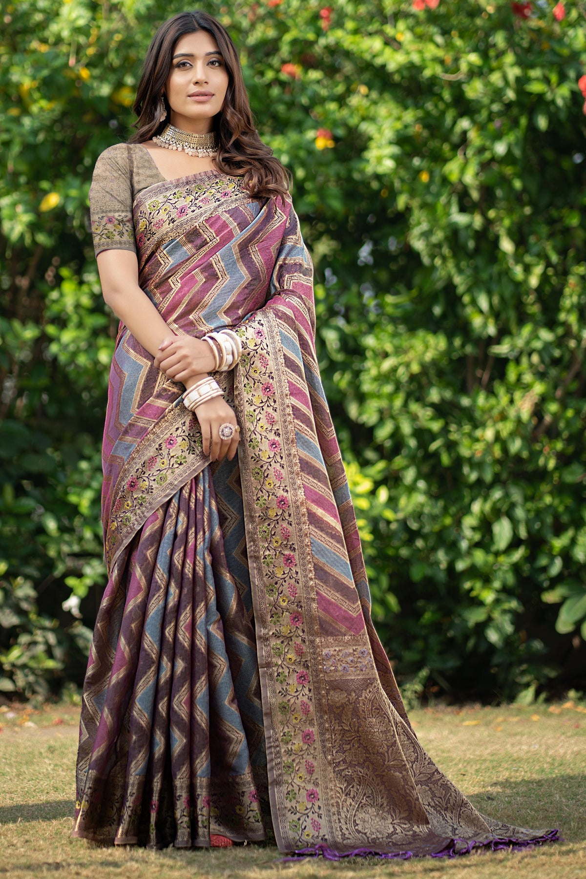 Wine organza zari woven lehriya saree