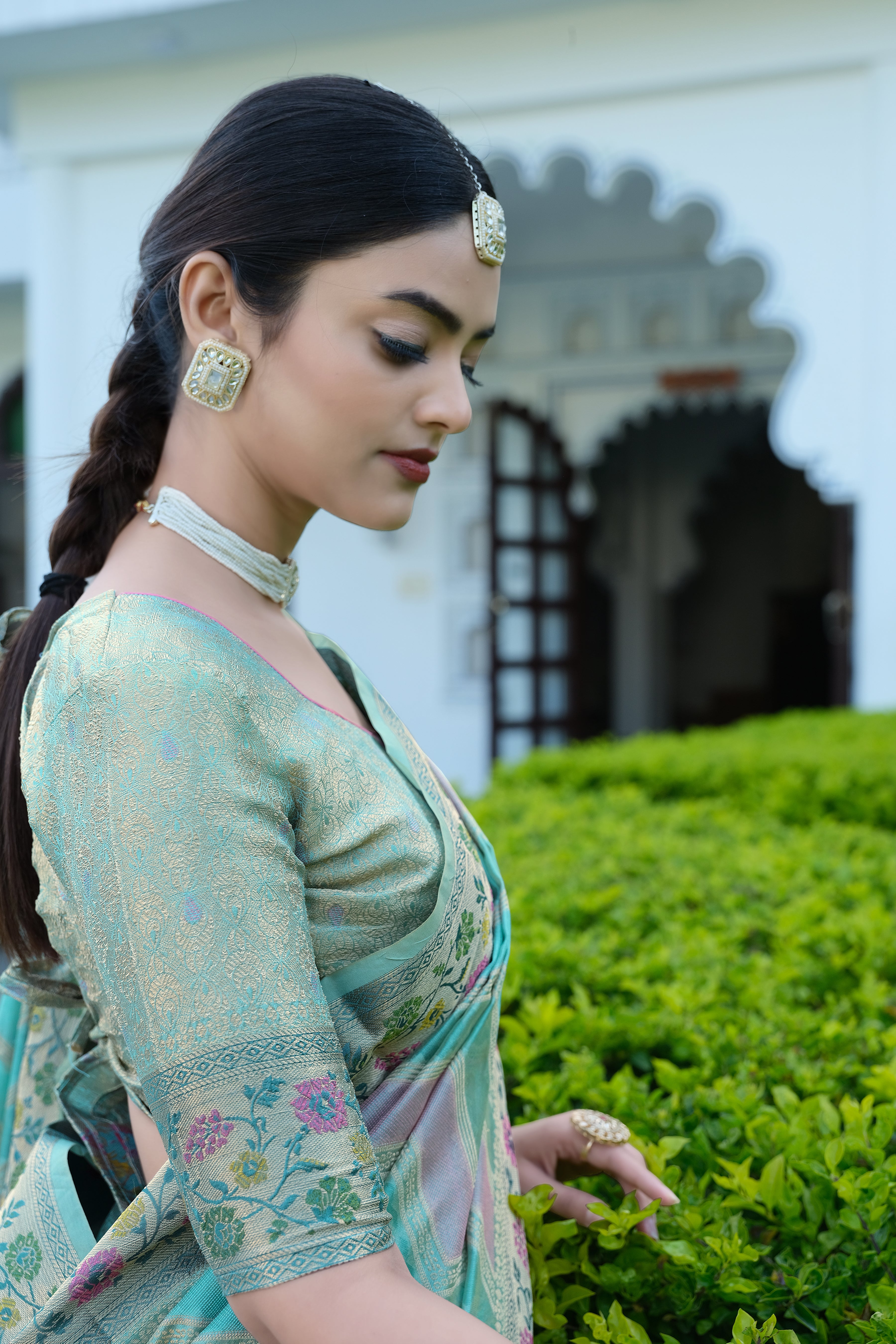 Blue Organza Leheriya Saree